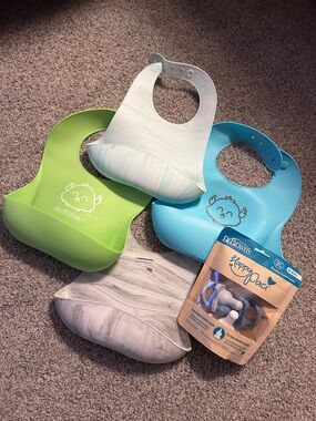 Silicone pocket bibs and NWT binkies